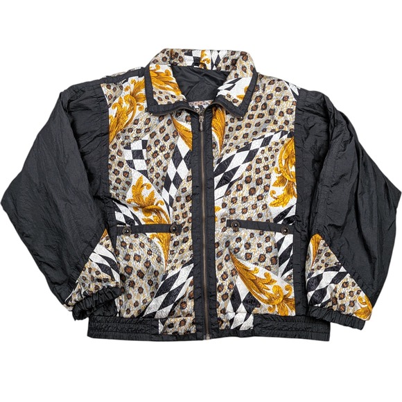 East West Jackets & Blazers - Vintage East West Windbreaker Jacket Women Medium Black Gold Versace Style 90s
